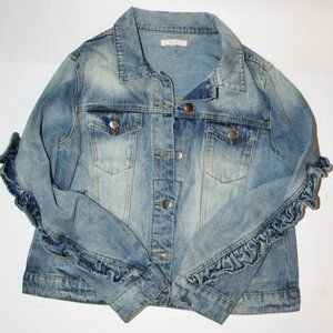 Denim Ruffle Sleeve Jacket Womens L Accent Gorgeous Blue Jean Fall Button Down